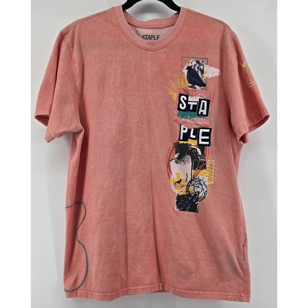 STAPLE Pigeon Mens‎ L T-Shirt Peach Orange Pocket Embroidery Stitched Streetwear